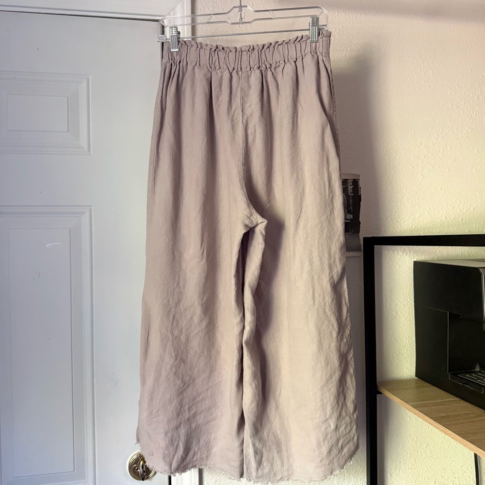 LEN OK grey beige linen elastic pull on waist wide‎ leg cropped pants